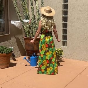 Vintage tropical print maxi dress mandarin collar